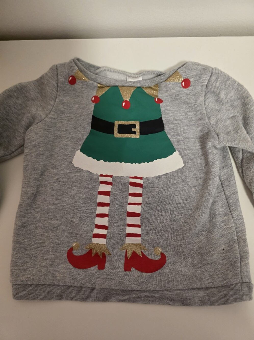 Kids Holiday Elf Pullover Sweatshirt - Gray with Green & Red